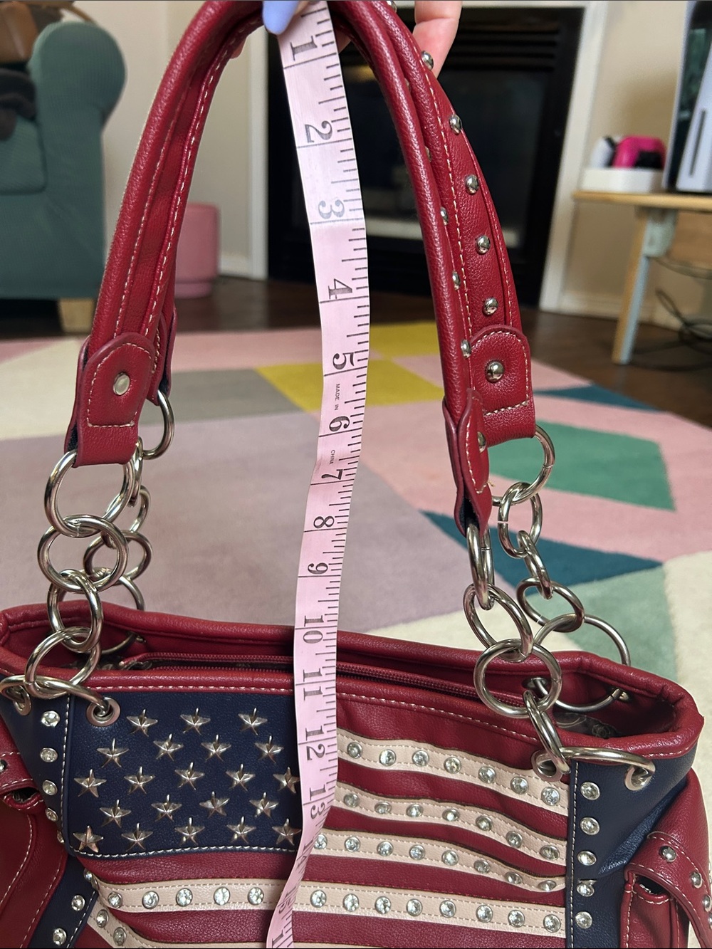 Montana West Red Faux Leather Americana Studded Tote Bag Patriotic Flag Design - Picture 14 of 17